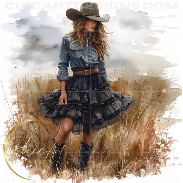 Stylish Cowgirl Wearing Denim Shirt and Black Ruffle Skirt PNG Illustration