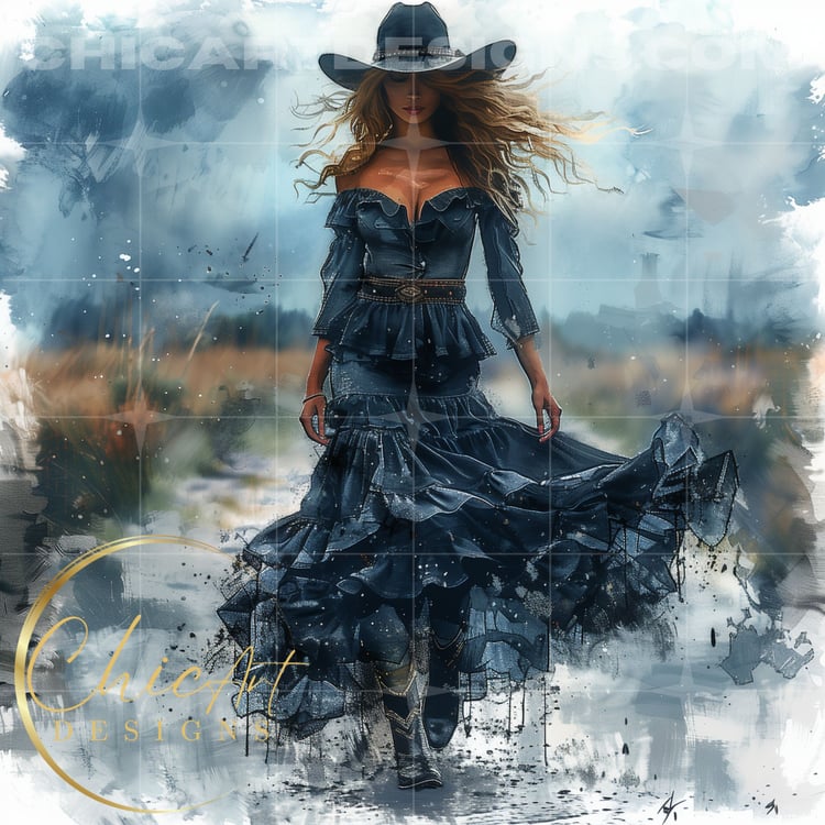 Stylish Cowgirl Dressed in Black PNG Illustration