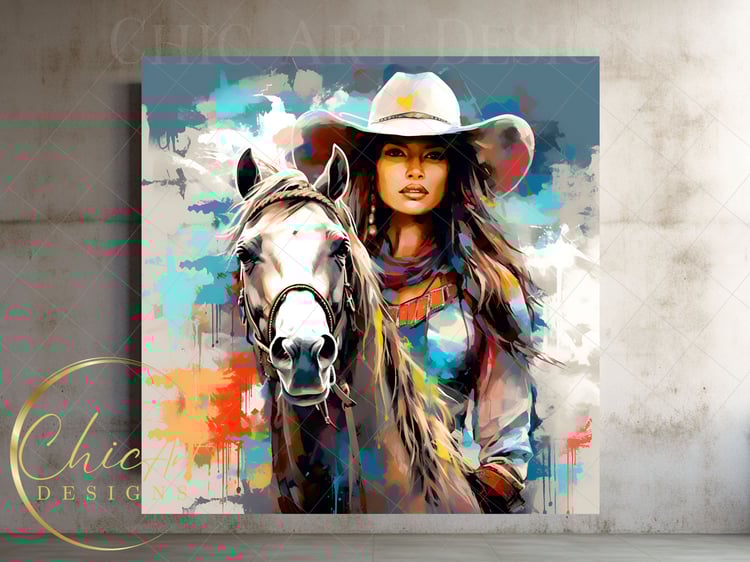 Gray & Blue Watercolor Cowgirl on a Horse, PNG Illustration, American Wall Art, Cover Design, Art Prints, Cowgirls