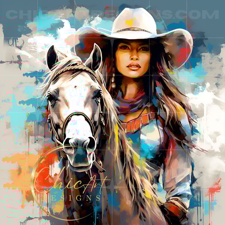 Gray & Blue Watercolor Cowgirl on a Horse, PNG Illustration, American Wall Art, Cover Design, Art Prints, Cowgirls