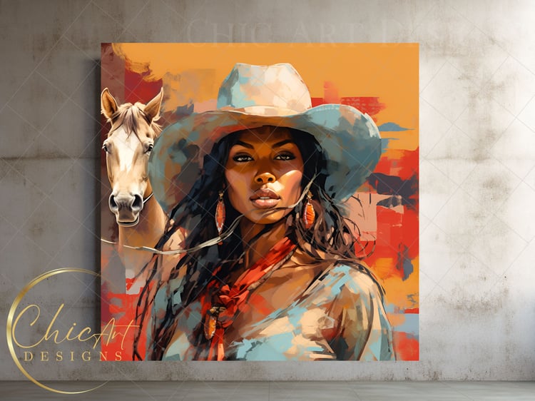 Watercolor Orange & Beige Black Cowgirl & Horse, PNG Illustration, African American Wall Art, Cover Design, Art Prints