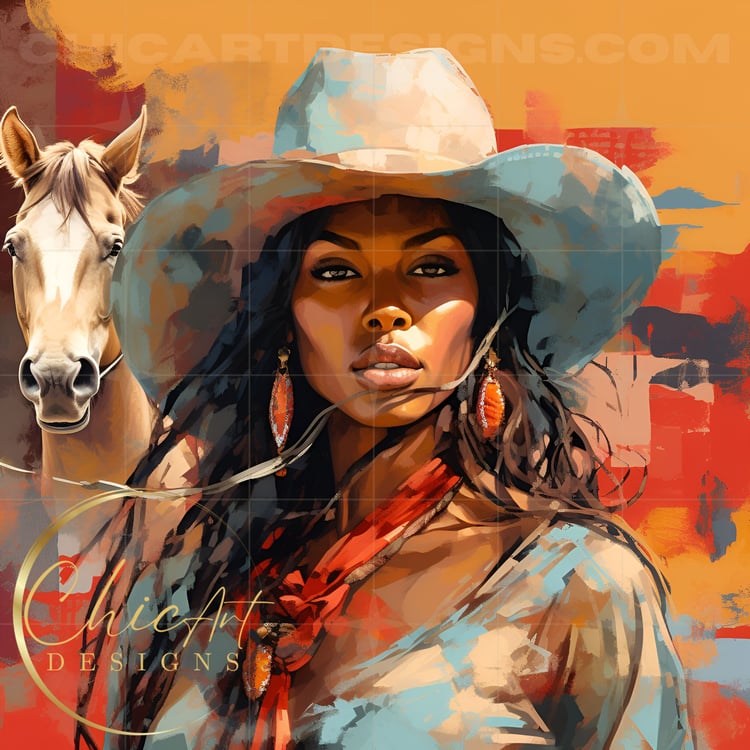 Watercolor Orange & Beige Black Cowgirl & Horse, PNG Illustration, African American Wall Art, Cover Design, Art Prints