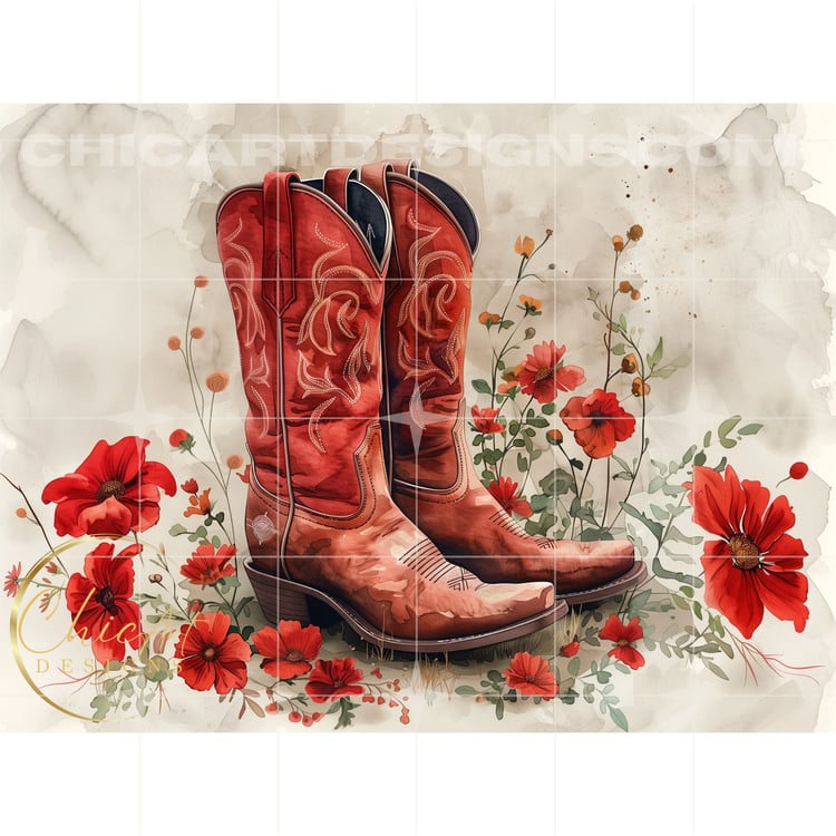 Earth Red Watercolor Cowgirl Boots & Red Flowers, PNG Illustration, Wall Art, Cover Design, Storytelling, Art Prints