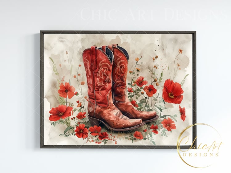 Earth Red Watercolor Cowgirl Boots & Red Flowers, PNG Illustration, Wall Art, Cover Design, Storytelling, Art Prints