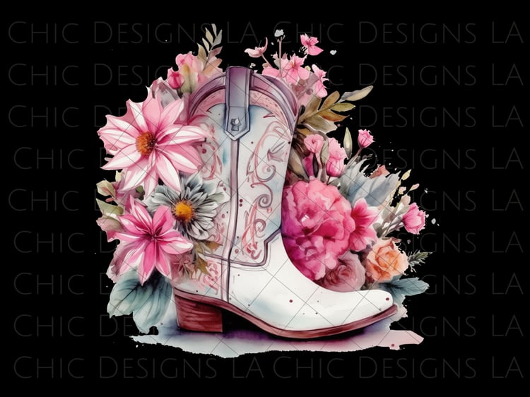 White & Pink Watercolor Coastal Cowgirl Boot with Flowers PNG Clipart Design, Sticker Designs, T-shirt Png Designs, Cowgirls
