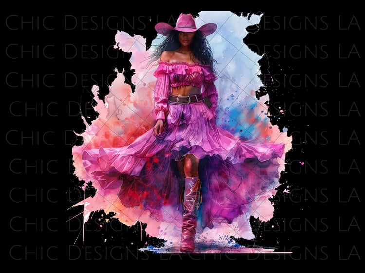 PNG Purple Watercolor Black Cowgirl Wearing Purple Fit, Cowgirl Hat, Ruffle Skirt and Boots with Transparent Background