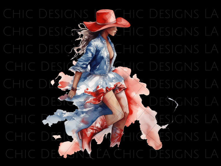 PNG Watercolor American Patriotic Black Cowgirl Wearing Red White & Blue, Cowgirl Hat, Ruffle Skirt and Red Boots with Transparent Background,