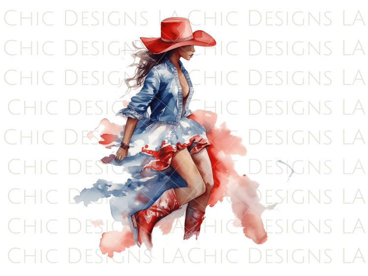 PNG Watercolor American Patriotic Black Cowgirl Wearing Red White & Blue, Cowgirl Hat, Ruffle Skirt and Red Boots with Transparent Background,