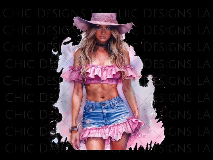 Watercolor Coastal Cowgirl Wearing Pink Cowgirl Hat, Ruffle Denim Skirt and Tube Top with Watercolor Splash Background PNG Clipart Design