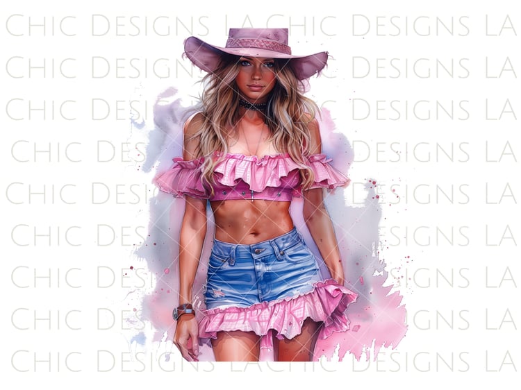 Watercolor Coastal Cowgirl Wearing Pink Cowgirl Hat, Ruffle Denim Skirt and Tube Top with Watercolor Splash Background PNG Clipart Design