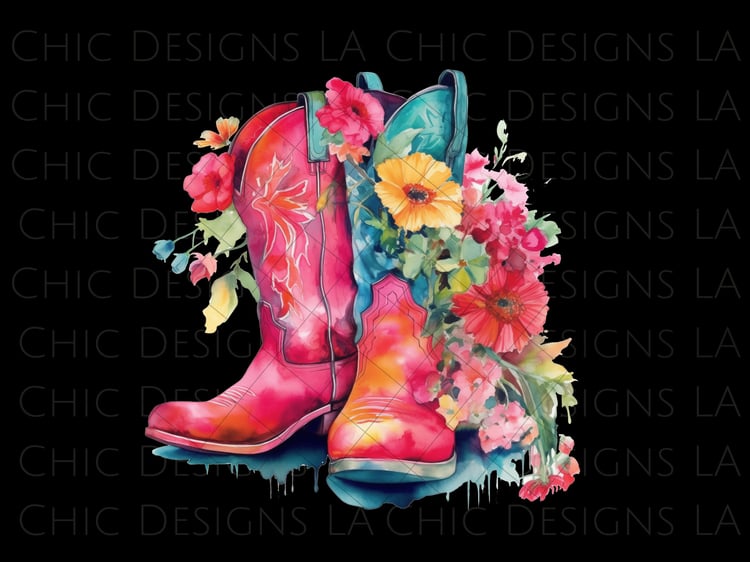 Tropical Pink Watercolor Coastal Cowgirl Boot with Flowers Transparent PNG Clipart Design, Sticker Designs