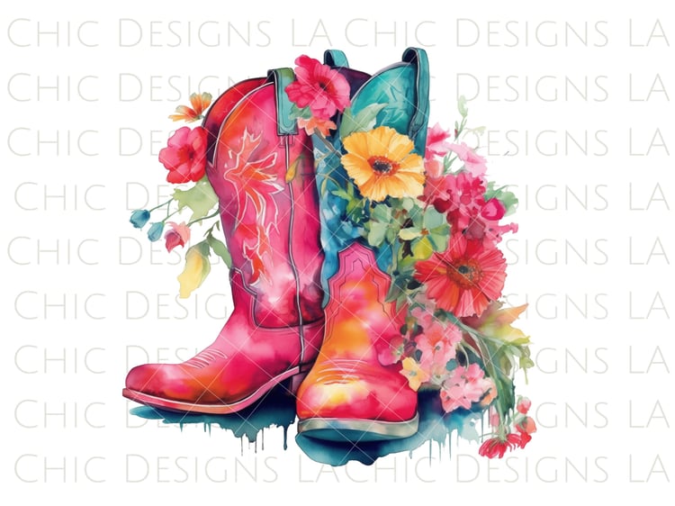 Tropical Pink Watercolor Coastal Cowgirl Boot with Flowers Transparent PNG Clipart Design, Sticker Designs
