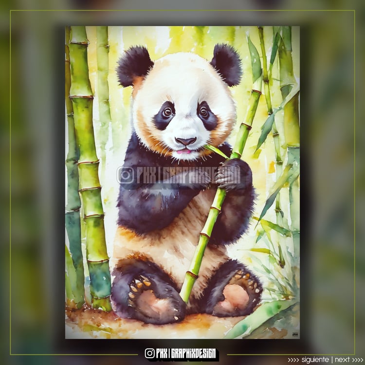(Oso Panda comiendo Bamboo en Acuarela): Los Osos Pandas tienen un apetito insaciable por el Bambú debido a una antigua Misión Divina de proteger los Bosques. Esta dieta especial les proporciona la Energía necesaria para cumplir su deber como Guardianes d