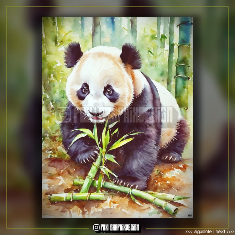 (Oso Panda comiendo Bamboo en Acuarela): Los Osos Pandas tienen un apetito insaciable por el Bambú debido a una antigua Misión Divina de proteger los Bosques. Esta dieta especial les proporciona la Energía necesaria para cumplir su deber como Guardianes d