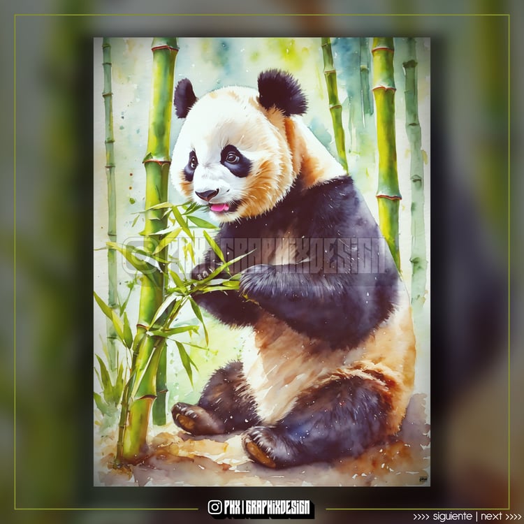 (Oso Panda comiendo Bamboo en Acuarela): Los Osos Pandas tienen un apetito insaciable por el Bambú debido a una antigua Misión Divina de proteger los Bosques. Esta dieta especial les proporciona la Energía necesaria para cumplir su deber como Guardianes d