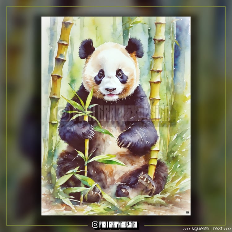 (Oso Panda comiendo Bamboo en Acuarela): Los Osos Pandas tienen un apetito insaciable por el Bambú debido a una antigua Misión Divina de proteger los Bosques. Esta dieta especial les proporciona la Energía necesaria para cumplir su deber como Guardianes d