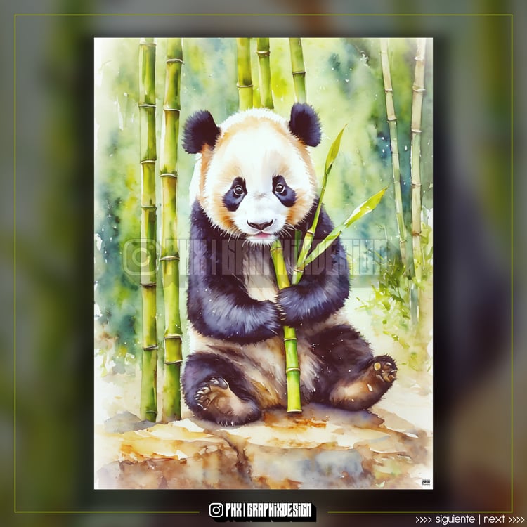(Oso Panda comiendo Bamboo en Acuarela): Los Osos Pandas tienen un apetito insaciable por el Bambú debido a una antigua Misión Divina de proteger los Bosques. Esta dieta especial les proporciona la Energía necesaria para cumplir su deber como Guardianes d