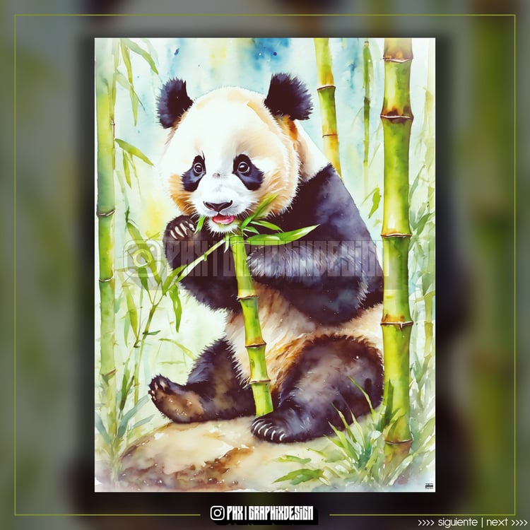 (Oso Panda comiendo Bamboo en Acuarela): Los Osos Pandas tienen un apetito insaciable por el Bambú debido a una antigua Misión Divina de proteger los Bosques. Esta dieta especial les proporciona la Energía necesaria para cumplir su deber como Guardianes d