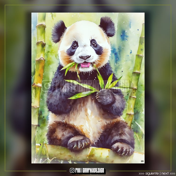 (Oso Panda comiendo Bamboo en Acuarela): Los Osos Pandas tienen un apetito insaciable por el Bambú debido a una antigua Misión Divina de proteger los Bosques. Esta dieta especial les proporciona la Energía necesaria para cumplir su deber como Guardianes d