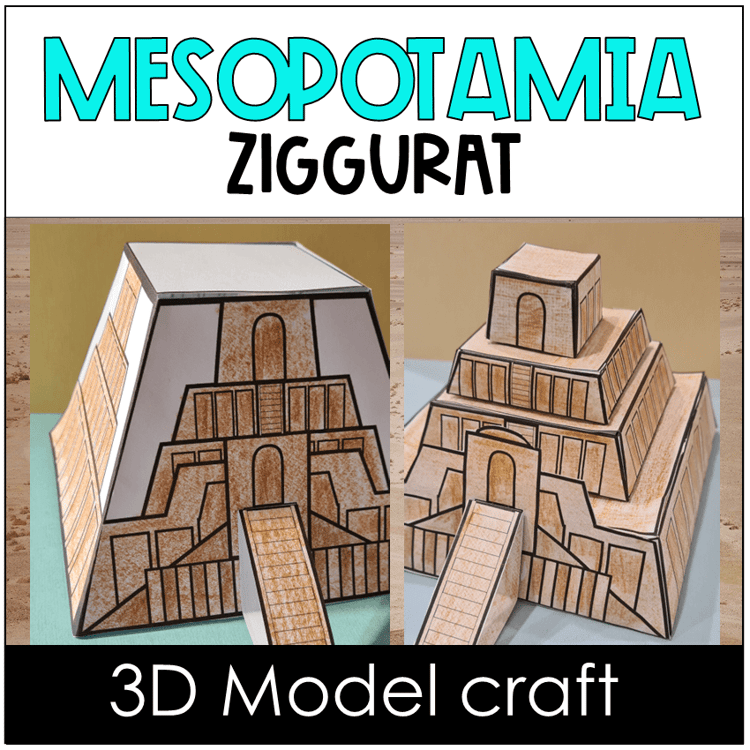 Two versions of a 3D model ziggurat from Ancient Mesopotamia.