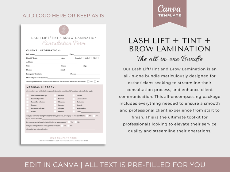 100% customizable and printable Lash Tint and Lift consultation form, Brow lamination forms, lash lift consultation form, lash tech, lash tech templates, Esthetician Forms, Beauty Salon Forms, Canva template
