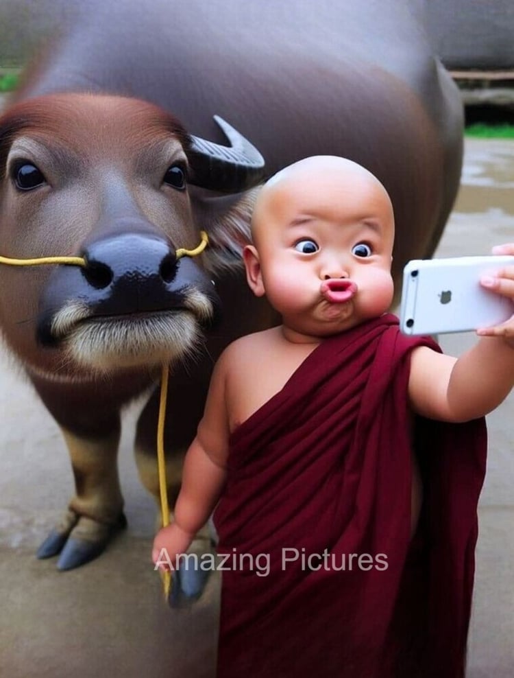 selfie de bebe avec sa vache