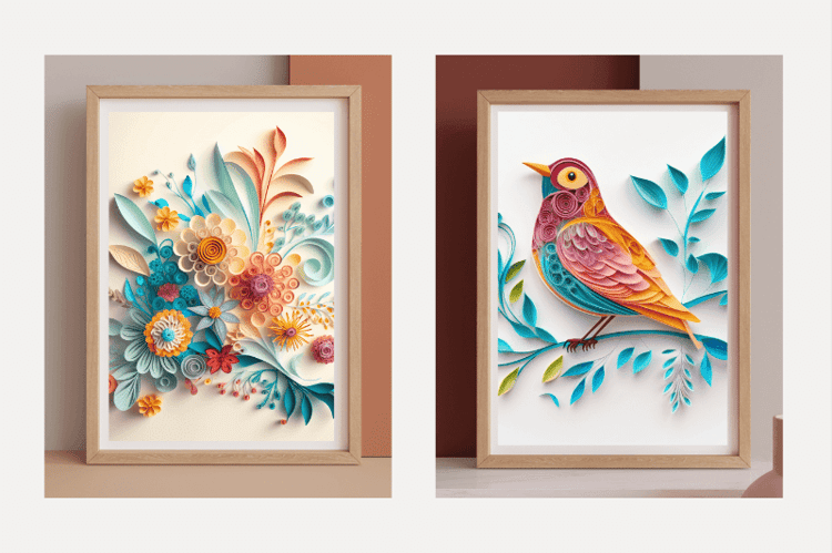 Two posters laid out showcasing a flower arrangement and a bird on a branch on a quilling art style.
