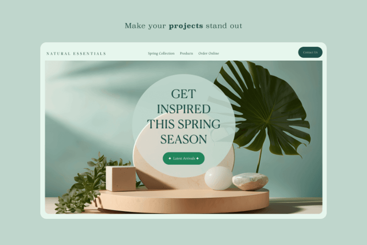 A photograph of a web landing page with a podium background advertising spring-related products with green hues and foliage arrangement.