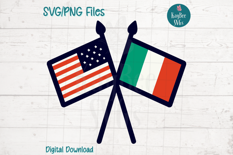 Color illustration of the flags of USA and Italy on poles crossed over each other.