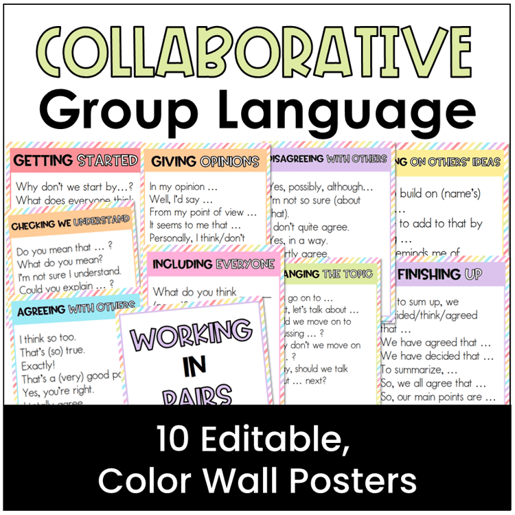 10 Color wall posters with collaborative discussion phrases.