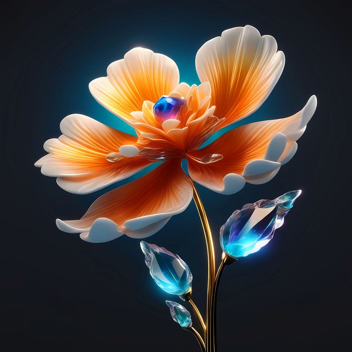 Free Photo Of Fantasy Colourful Glowing Flower Plant With Diamond Leaves On Blue Gradient Background