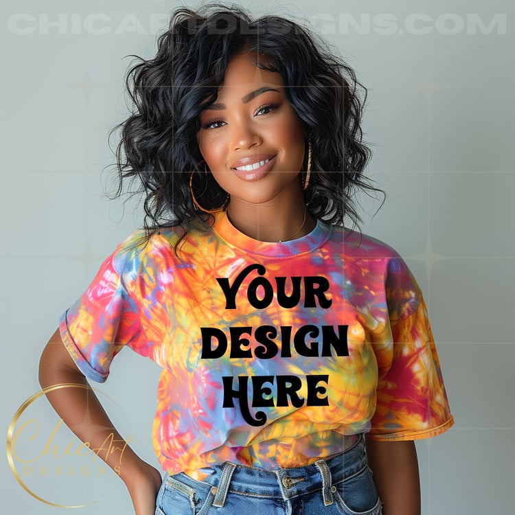 Yellow, Red, Blue Sunburst Black woman  Tie Dye T-shirt African American Woman Mockup Digital Download with Gray Background