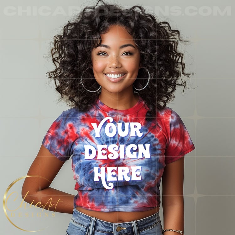 Red, White, Blue Patriotic Tie Dye T-shirt Blasian Woman Mockup Digital Download