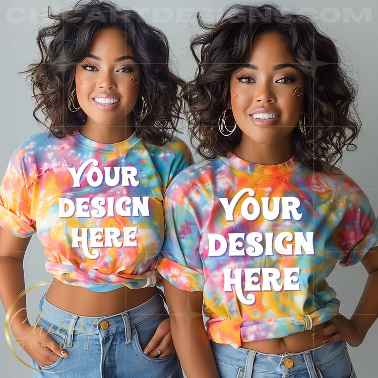 Twins Mockup, Yellow , Pink & Blue Tie Dye T-shirt African American Women Sisters Mockup Digital Download with Gray Background