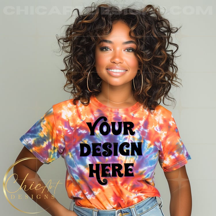 Orange & Blue Tie Dye T-shirt African American Woman Mockup Digital Download with Gray Background, Design Mocks, Tie Dye T-shirts