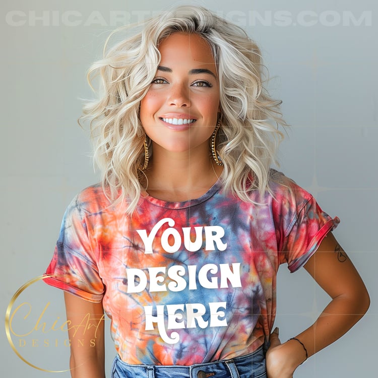 Peach, Blue Bullseye Tie Dye T-shirt Platinum Blonde Woman with Mockup Digital Download with Gray Background, Design Mocks, Tie Dye T-shirts