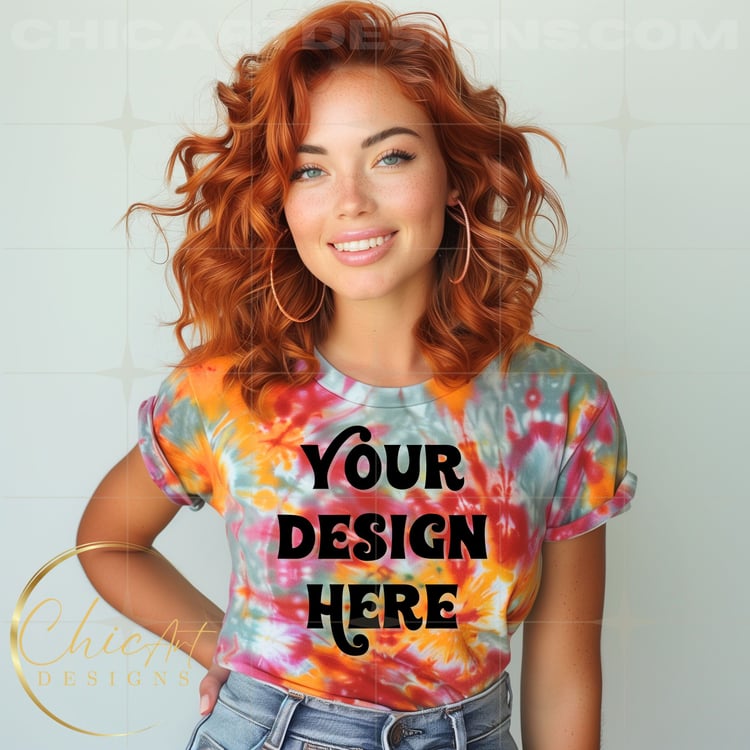 Orange, Red Bullseye Tie Dye T-shirt Ginger Woman with Mockup Digital Download with Gray Background, Design Mocks, Tie Dye T-shirts