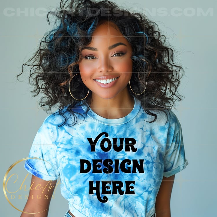 Blue & White Sunburst Tie Dye T-shirt African American Woman Mockup Digital Download with Gray Background, Design Mocks, Tie Dye T-shirts