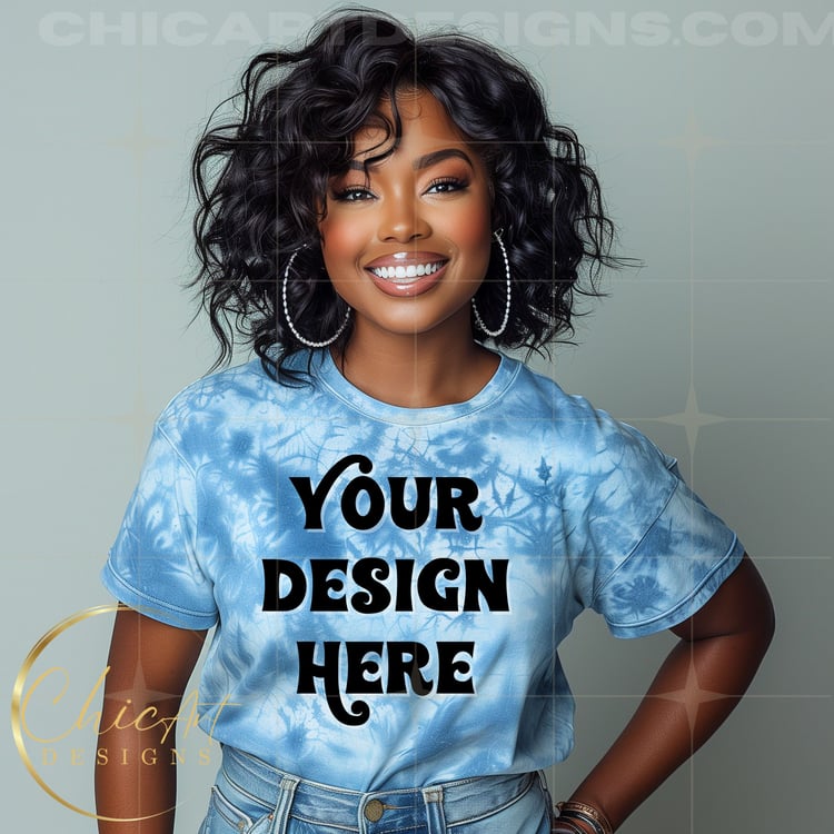Blue & White Tie Dye T-shirt African American Woman Mockup Digital Download with Gray Background, Design Mocks, Tie Dye T-shirts