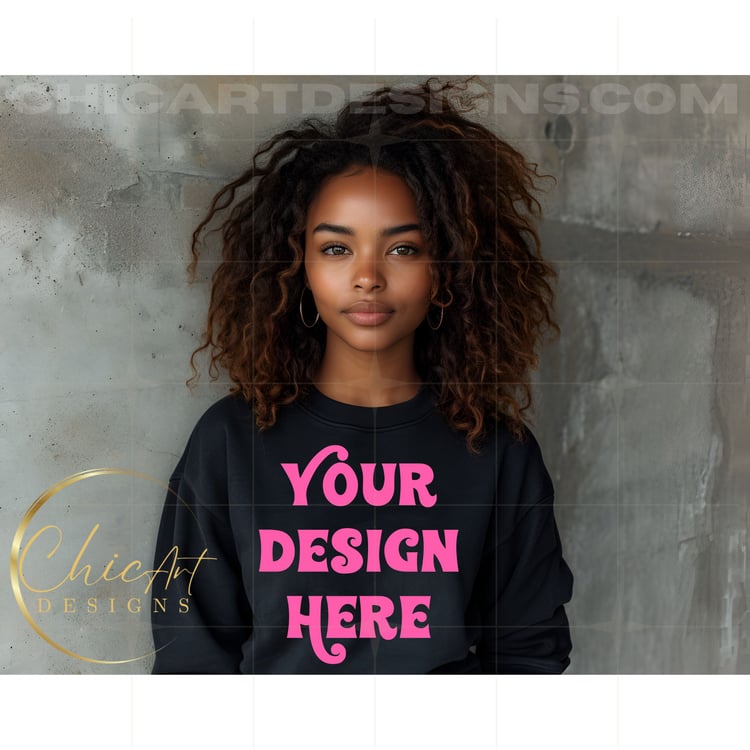 African Woman Wearing Black Crewneck Sweatshirt, Mockup Digital Download with Stone Wall Background, Design Mocks, Blank Sweatshirts