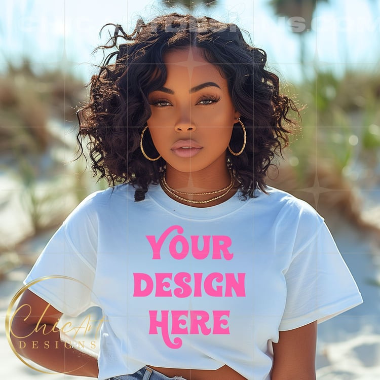 African American Woman Wearing White Crew neck T-shirt Mockup Digital Download with California Beach Background, Design Mocks, Blank T-shirts