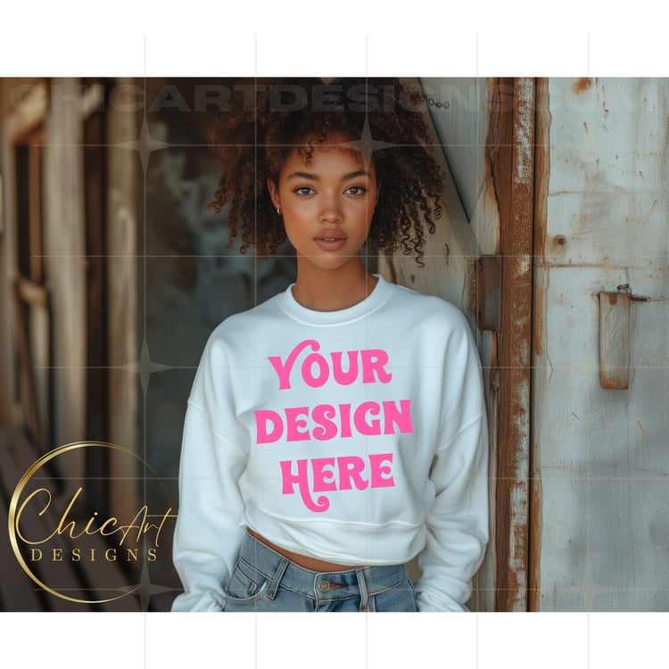Black Woman Wearing White Crewneck Sweatshirt, Mockup Digital Download with Barn Background, Design Mocks, Blank Sweatshirts