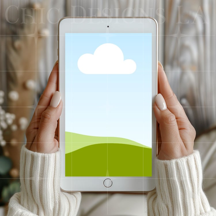 White Tablet E-reader Mockup Featuring Womans wearing White Sweater with Manicured Nails | Canva Drag & Drop Mockup Template