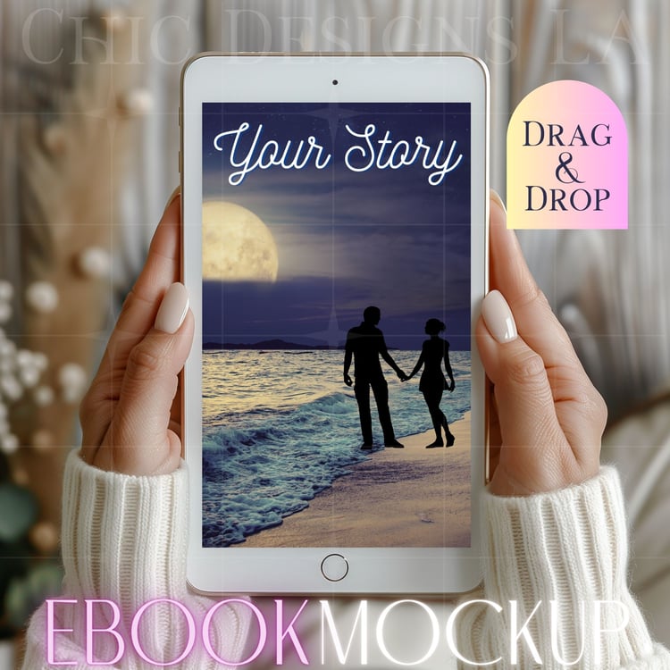 White Tablet E-reader Mockup Featuring Womans wearing White Sweater with Manicured Nails | Canva Drag & Drop Mockup Template