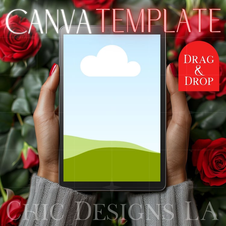 E-book Reader Mockup Featuring Red Roses and Black Woman's Hands with Red Manicured Nails| Canva Drag & Drop Mockup Template