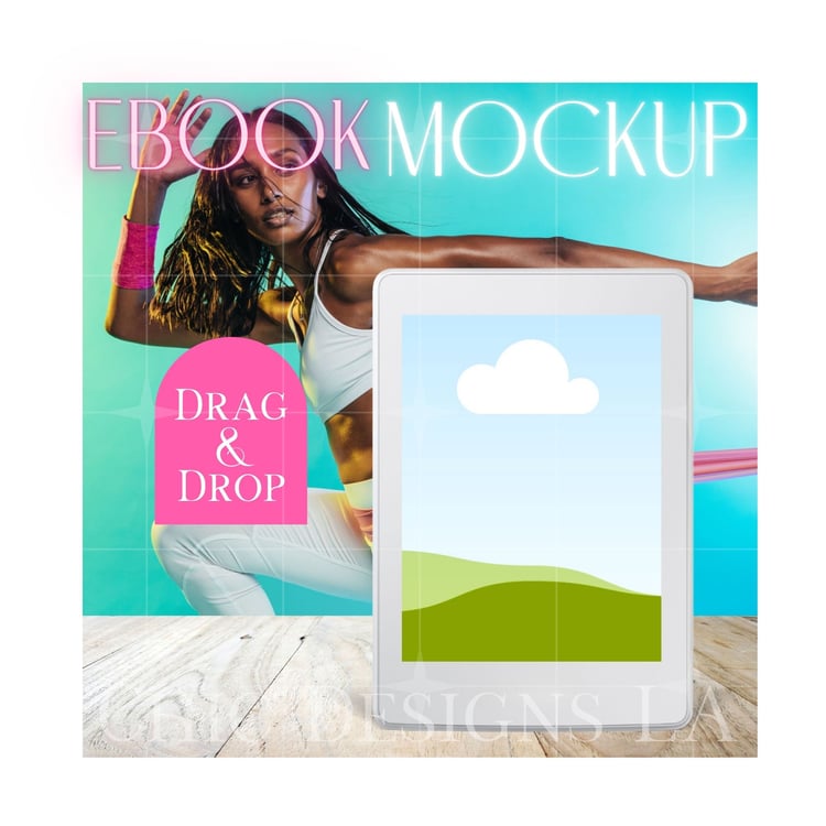 Fitness E-book Reader Mockup Featuring Indian Woman, Fit Model Wearing White with Pink Exercise Bands| Canva Drag & Drop Mockup Template