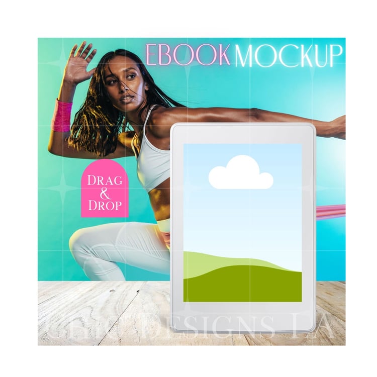 Fitness E-book Reader Mockup Featuring Indian Woman, Fit Model Wearing White with Pink Exercise Bands| Canva Drag & Drop Mockup Template