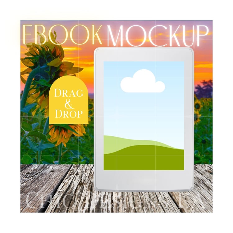 Sunflower Sunset E-book Reader Mockup Featuring Beautiful Sunflowers with Orange Sunset in the Background| Canva Drag & Drop Mockup Template