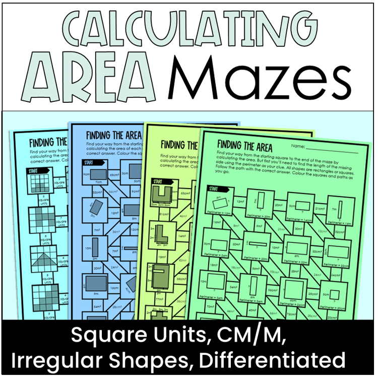 Four mazes for calculating the area of rectangles and squares.