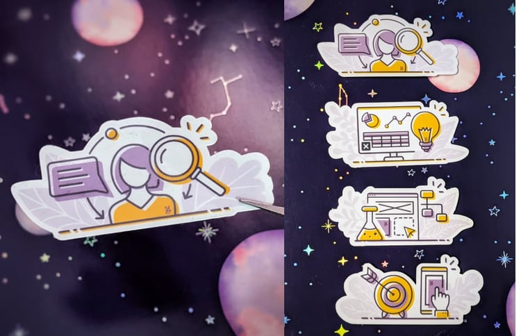 Yellow and purple illustrations. a lady with a speech bubble and a magnifiying gass (UX research), a dashboard with graphs and a bubble in front of it  (enterprise UX), a flask, a wireframe of a website and a tree view (UX and product design) and a target